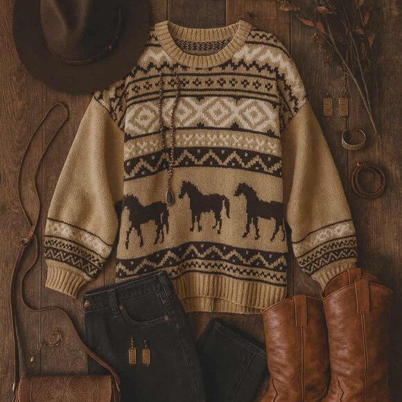 New Horse Aztec Western Native Knit Soft Oversized Sweater Womens - Picture 1 of 6